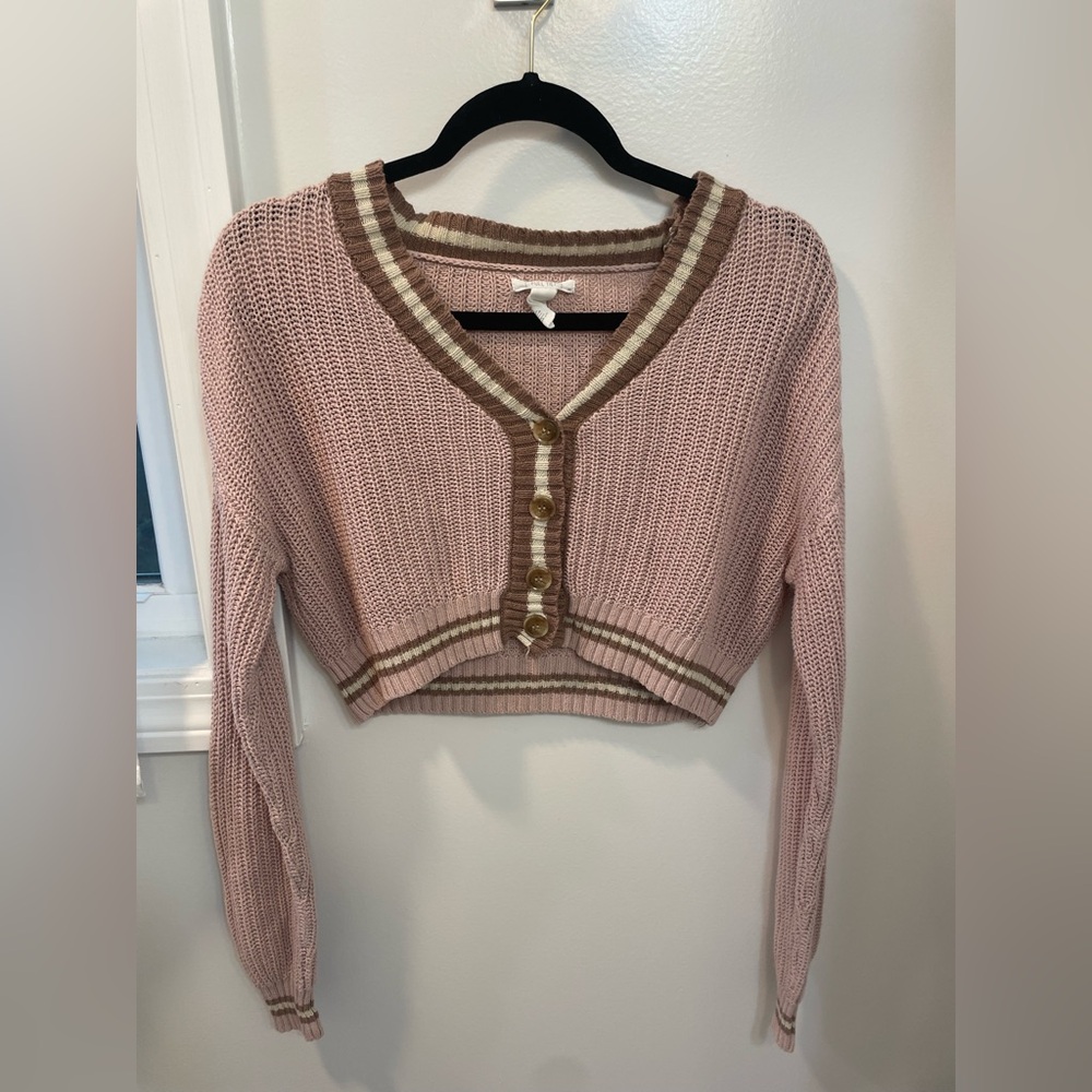 Full Tilt Pink Cropped Knit Cardigan with Brown Accents